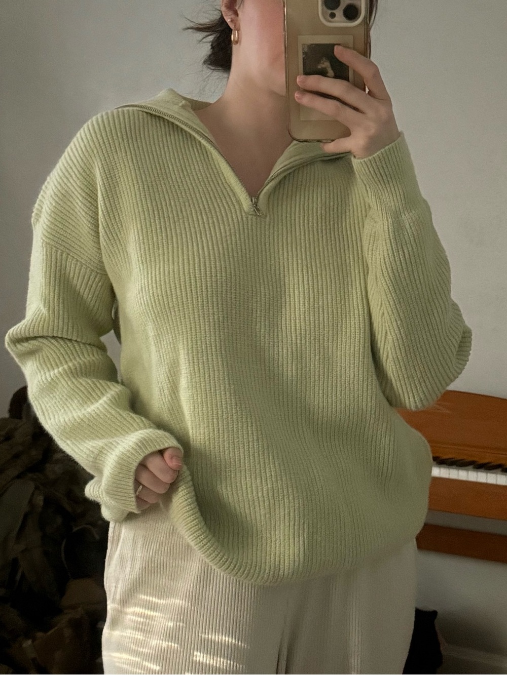 Kittenish Light Green Ribbed Half-Zip Sweater